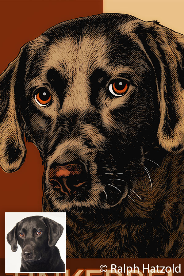 Detailansicht des Labrador Pop Art Portraits „Tinkerbell“ im Comic- und Roy-Lichtenstein-Stil mit kräftigen Farben und Rasterpunkten
