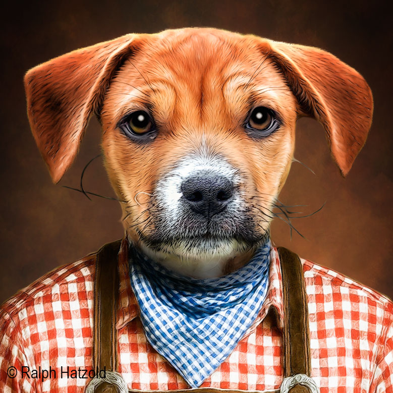 Detailansicht: kleiner Mischlingshund in Lederhose und rotem kariertem Hemd – handgemaltes bayerisches Hundeporträt