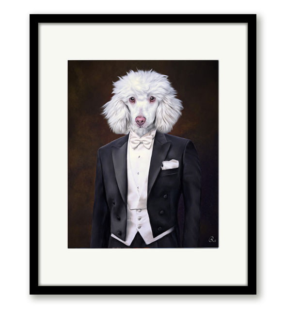 Königspudel im anzug, gemaelde hundeportrait in Kleidung, Bild kaufen barockrahmen portrait in uniform Pudelkleidung geschenk anzug