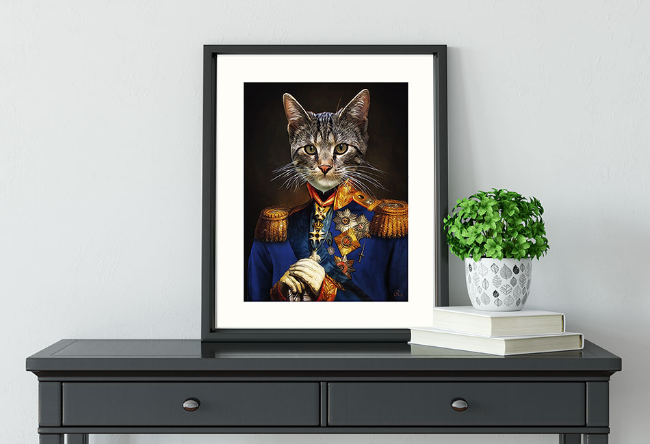Katzenportrait in Uniform, Katzenportrait Gemälde, Geschenk, Katze in Uniform, Katze im Anzug, Katze in Kleidung,