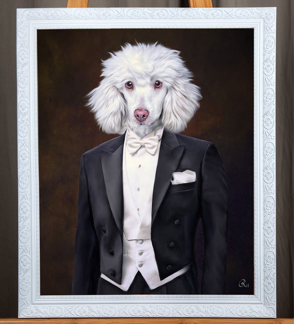 Königspudel im anzug, gemaelde hundeportrait in Kleidung, Bild kaufen barockrahmen portrait in uniform Pudelkleidung geschenk anzug