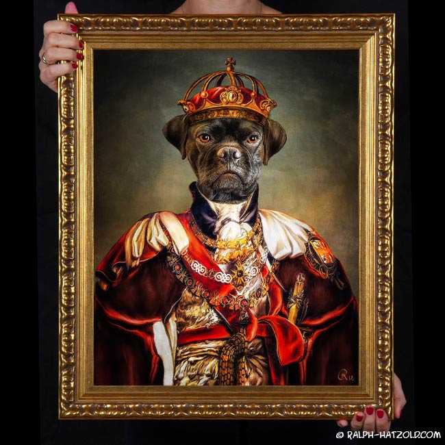 Hund in Königskleidung Barock Bild gemälde Stil Puggle schwarz Portrait