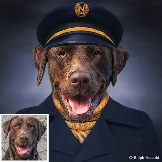 brauner Labrador in Kapitäns Kleidung Hund in Uniform