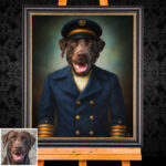 Labrador-Hundeporträt als Kapitän in Uniform, gemalt im Stil eines klassischen Gemäldes