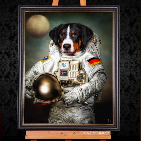 Hundeportrait Appenzeller Sennenhund hund in Kleidung Astronaut Raumanzug Geschenkidee Gemaelde