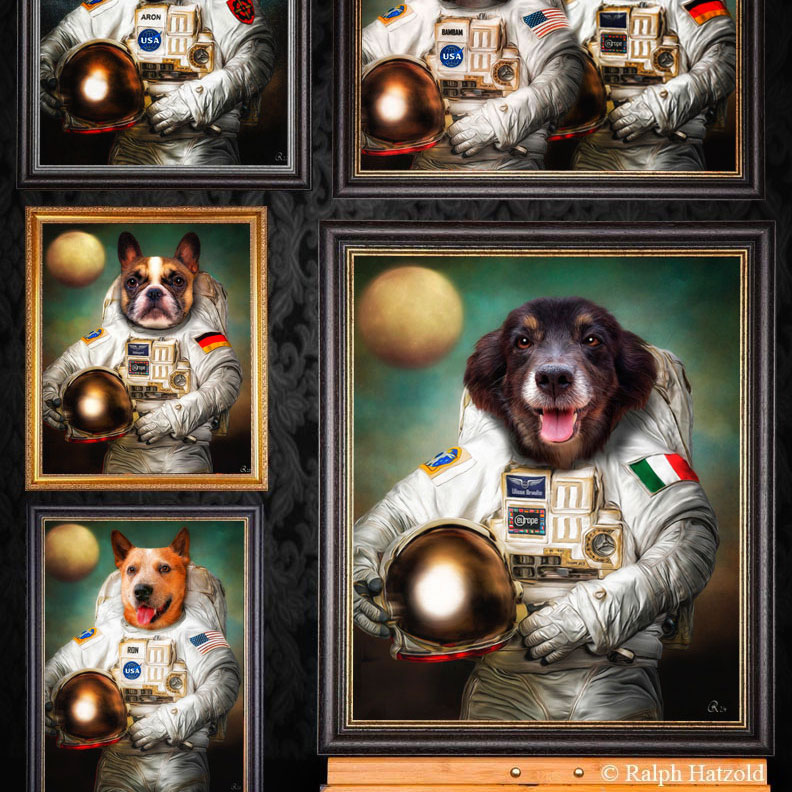 Beispiele: Hunde als Astronauten – individuelle Porträts mit Raumanzug und Flagge