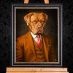 Gemälde einer Bordeaux-Dogge im eleganten Anzug mit roter Krawatte – humorvolles, realistisches Hundeporträt in klassischem Stil
