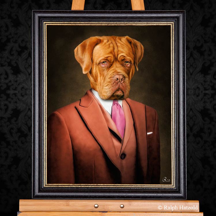 Bordeaux Dogge in braunem Wollanzug individuelles Hundeportrait Gemälde Geschenkidee individuelle Portraits Dogue de Bordeaux
