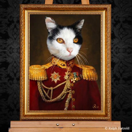 Katzenportrait General Minki, Katze in roter Uniform, Katzen in Kleidung, Barockrahmen, Geschenk für Katzenfreunde, Katze Gemälde Stil