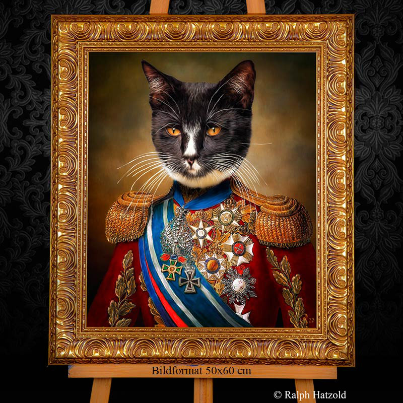 Katzenportrait in Barockrahmen kaufen, Kater Nero, Geschenk für Katzenbesitzer, Gemälde kaufen, funny Cats in Uniform