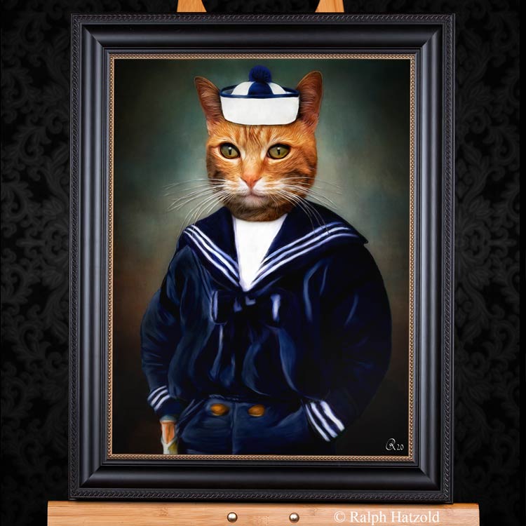 Katzenportrait Matrose Diego, Katze im Matrosenanzug, Katze in Kleidung, Barockrahmen, Geschenk für Katzenfreunde, Katze Gemälde individuelle Kunst