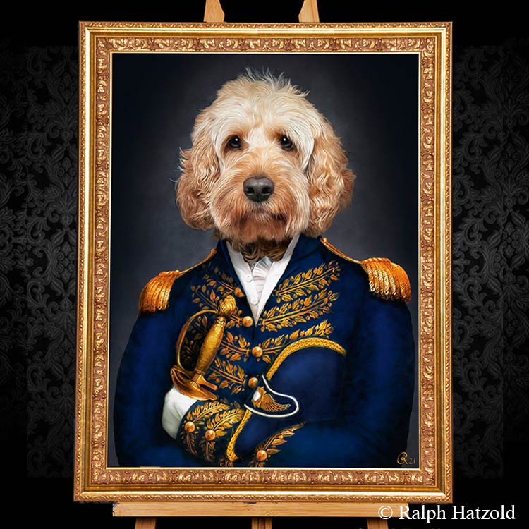 Cockerpoo in Uniform, Hundeportrait vom eigenen Hund in historischer Kleidung, cocker poodle dog