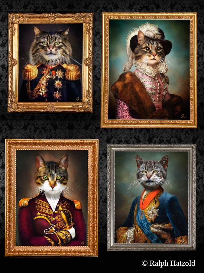 Katzen in Kleidung, Kater in Uniform, Katze in historischem Kleid, Gemälde eigene Katze in Kleidung, Beispiele, Ralph Hatzold