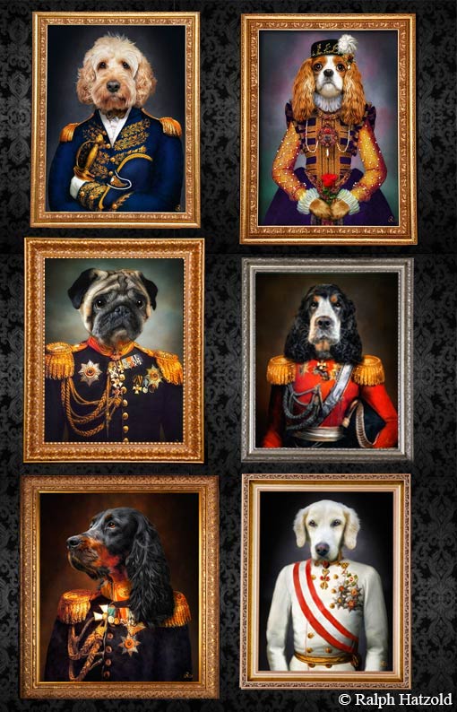 Hundeportraits Gemälde in historischen Uniformen, Barockrahmen