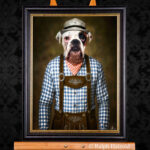 Gemälde eines Boxers im bayerischen Trachten-Outfit mit kariertem Hemd, Lederhose und Hut – humorvolles Hundeporträt im Stil alter Ateliermalerei