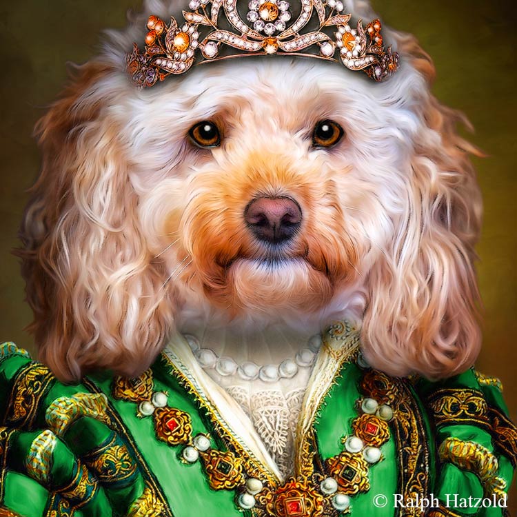 Pudel in Renaissance Kleid, Hundeportrait Gemälde in grünem Kleid