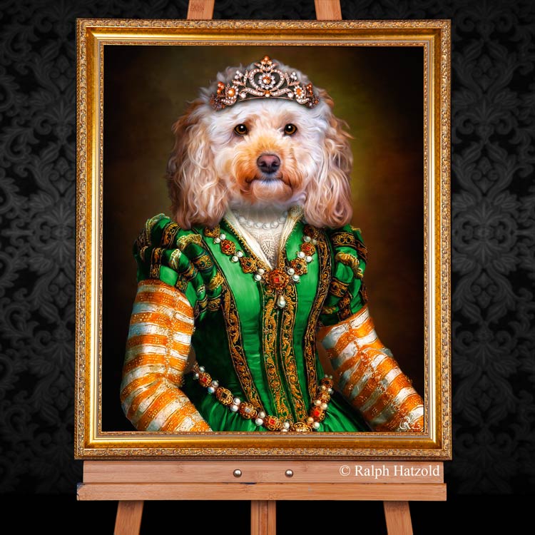 Pudel Dame in Renaissance Kleid, Hundeportrait Gemälde in grünem Kleid