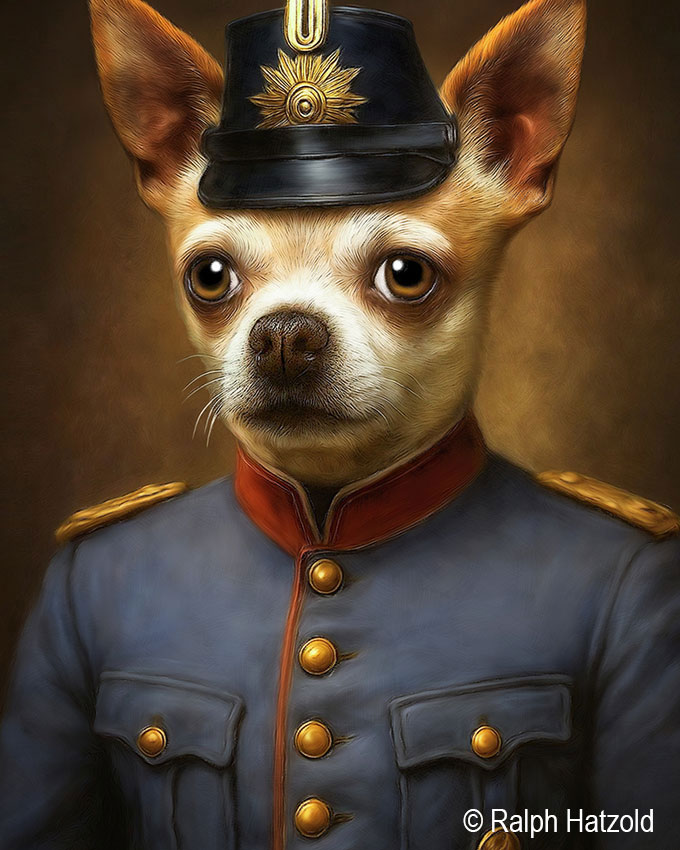 Detailansicht Chihuahua in historischer Polizeiuniform