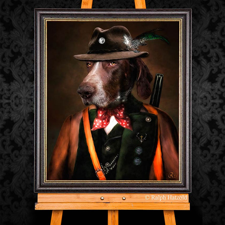 Gemälde Hund als Jäger, Jagdkleidung, deutsch Kurzhaar