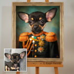 Chihuahua Milka als General, Hundeportrait in Uniform, Chihuahua in Generalsuniform – individuelles Hunde-Porträt als humorvolles und edles Geschenk in historischer Kleidung