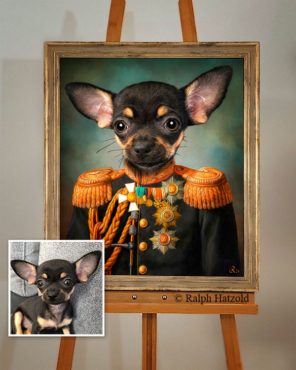Gemälde eigener Hund als General Goldrahmen