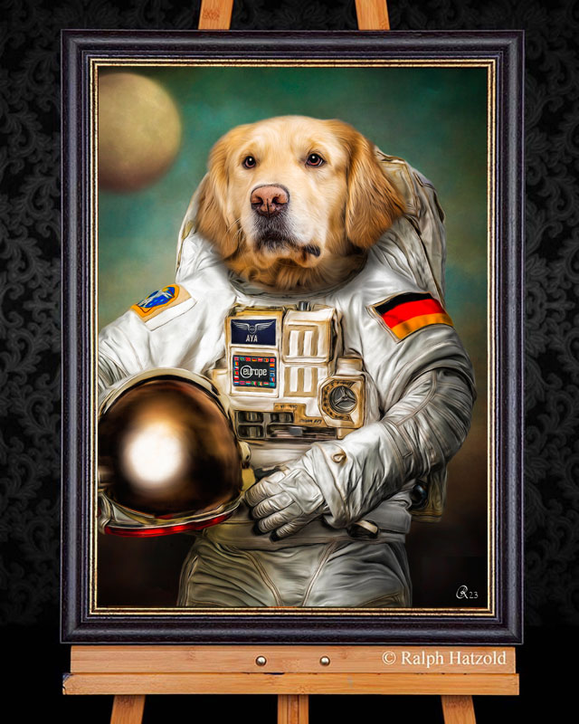Porträt Golden Retriever eines im Astronautenanzug mit deutscher Flagge und – personalisiertes Kunstwerk als Geschenkidee