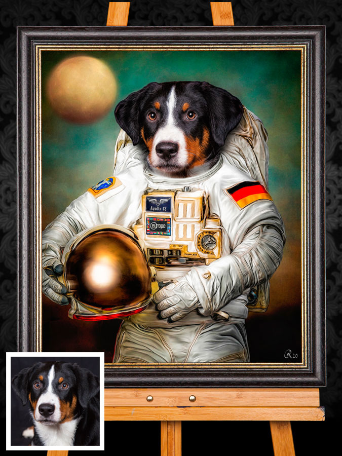 Hund im Astronautenanzug mit Landesflagge, Namensschild und NASA- oder ESA-Abzeichen auf Leinwand