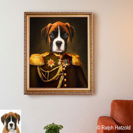 Individuelles Hundeporträt eines Boxers als General – gerahmtes Gemälde mit Uniform, personalisiert und angelehnt an das Originalfoto