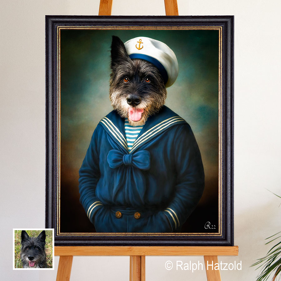 Hundeporträt im Matrosenanzug – maritimes Gemälde mit Mütze und blauer Schleife