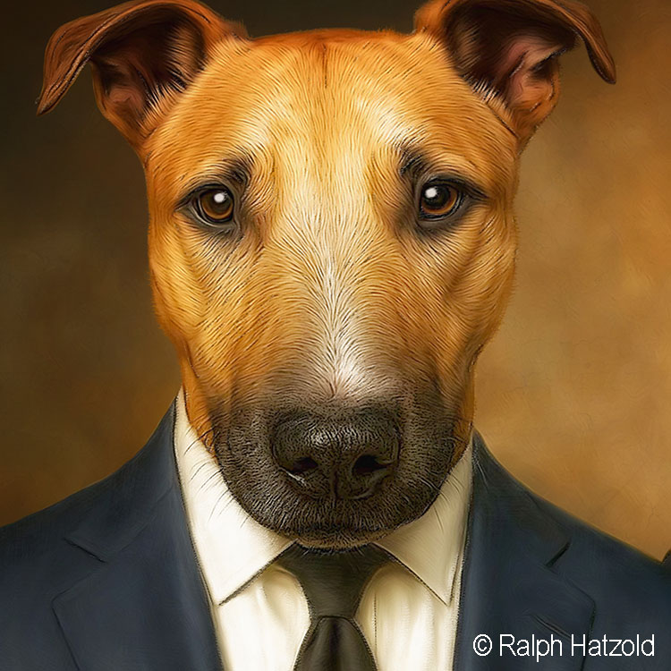 Detailansicht eines Bullterriers im eleganten Anzug als gemaltes Hundeporträt