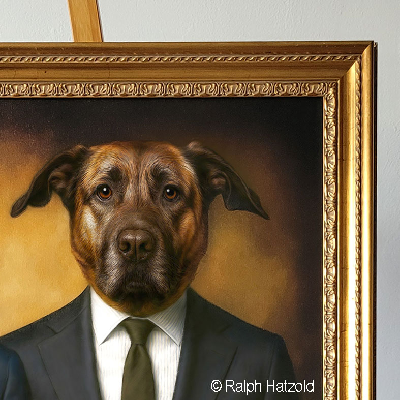 Detailansicht eines Mischlingshundes im eleganten Anzug als gemaltes Porträt