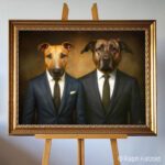 Zwei Hunde im Partnerlook mit italienischen Anzügen, gemalt als klassisches Doppelporträt
