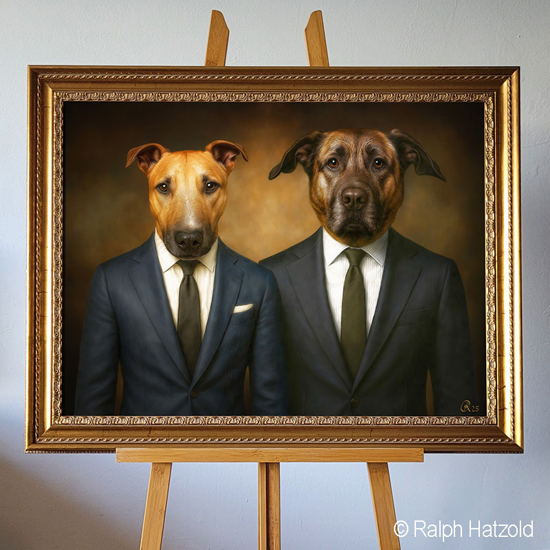 Zwei Hunde im Partnerlook mit italienischen Anzügen, gemalt als klassisches Doppelporträt