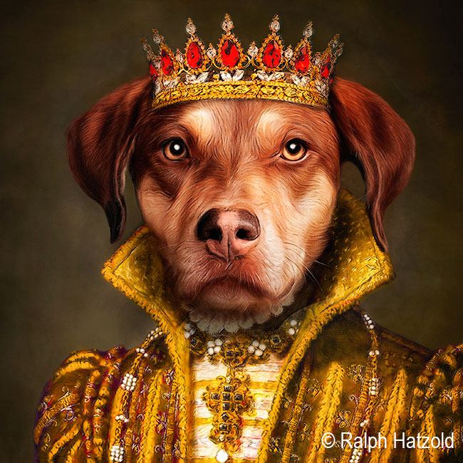 Detailansicht Hundeportrait Königin Mala – königliche Robe und Krone, Gemälde von Ralph Hatzold