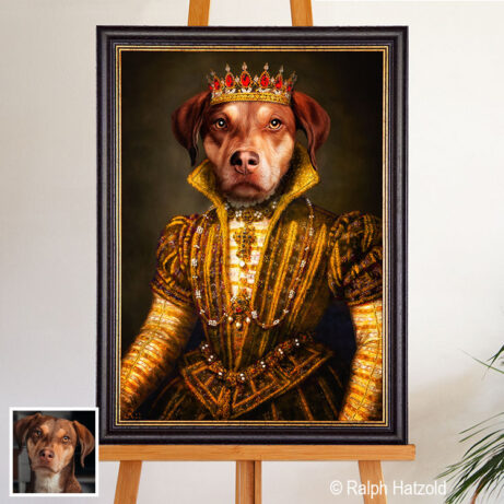 Hundeportrait Königin Mala im prunkvollen königlichen Kleid und Krone – Gemälde von Ralph Hatzold