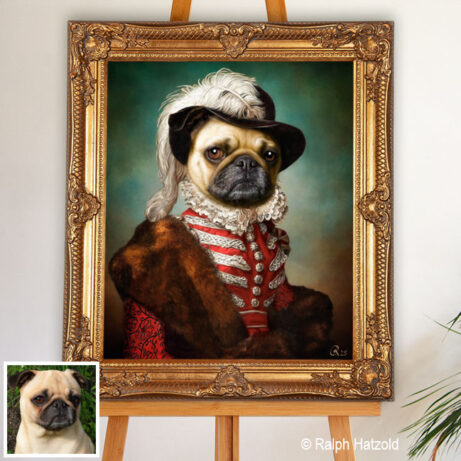 Gemälde einer Mopsdame in rotem Kleid, inspiriert von Königin Karoline Friederike von Bayern, 1823