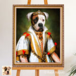 Boxer-Hündin in einem weißen Kleid als österreichische Herzogin mit goldenem Diadem – individuelles Tierporträt als Gemälde