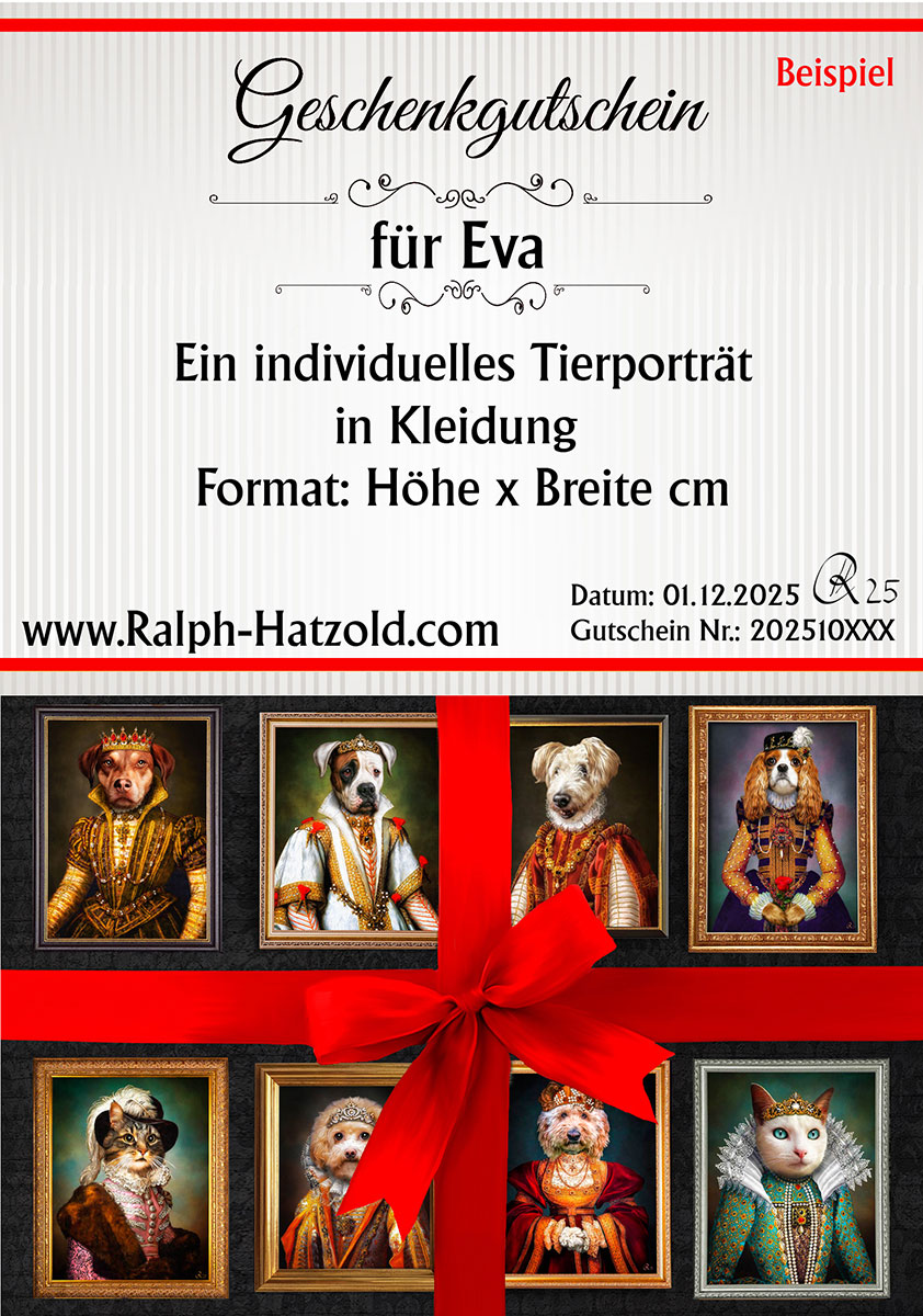 Geschenkgutschein Tierporträt in Kleidung – Hunde und Katzen in Damenkleidern von Ralph Hatzold