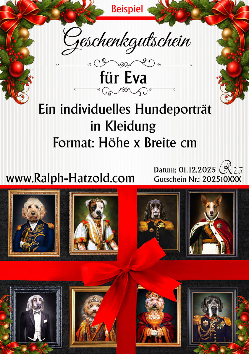 Weihnachts-Geschenkgutschein Hundeporträt in Kleidung – Tierporträt von Ralph Hatzold