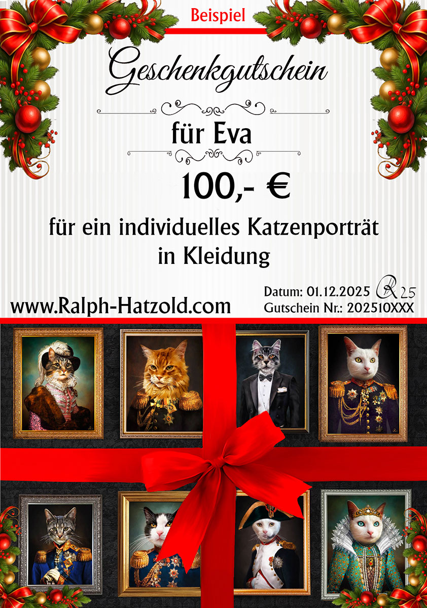 Weihnachts-Geschenkgutschein für ein individuelles Katzenporträt in Kleidung – handgemaltes Tierporträt von Ralph Hatzold