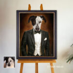 Hund im Frack mit schwarzer Fliege – elegantes Hundeporträt als Gemälde