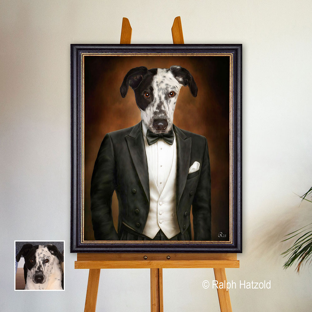 Hund im Frack mit schwarzer Fliege – elegantes Hundeporträt als Gemälde