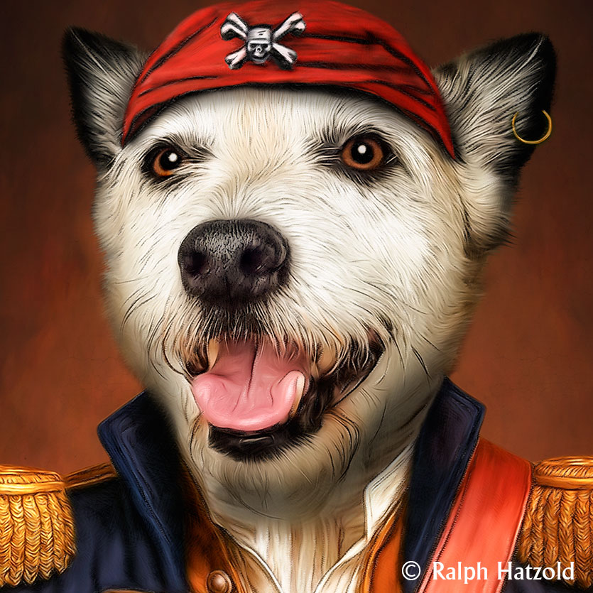 Detailansicht von Pirat Pauli – Hund mit rotem Piratenkopftuch und Goldohrring als individuelles Tierporträt