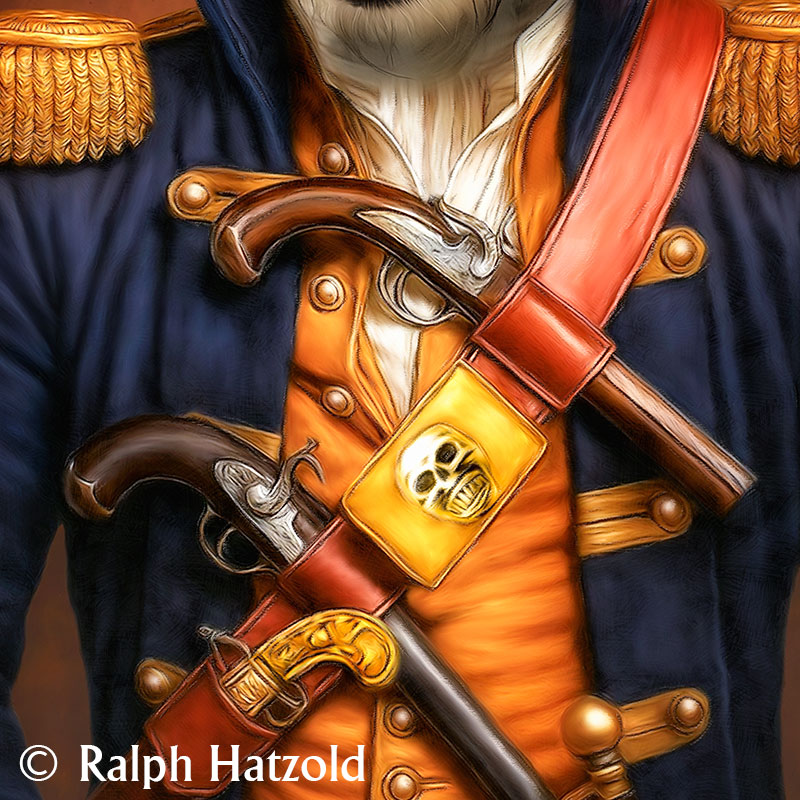 Detailansicht von Pirat Hund Pauli – Lederholster mit historischen Pistolen, goldener Totenkopf-Schnalle, Hemd und Weste