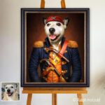 Gemälde eines Hundes als Pirat in detailreicher Piratenkleidung mit rotem Kopftuch, Ohrring, Pistolen und Säbel