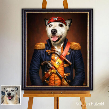 Gemälde eines Hundes als Pirat in detailreicher Piratenkleidung mit rotem Kopftuch, Ohrring, Pistolen und Säbel