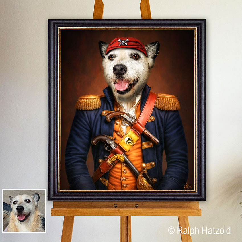 Gemälde eines Hundes als Pirat in detailreicher Piratenkleidung mit rotem Kopftuch, Ohrring, Pistolen und Säbel
