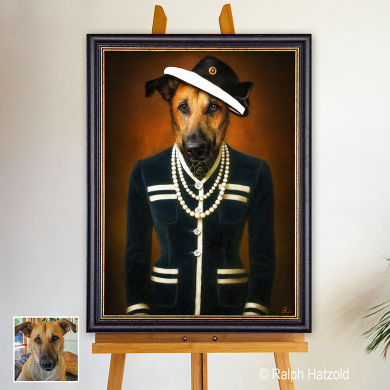 Hundedame im Coco Chanel Kostüm – edles Tierportrait als Gemälde