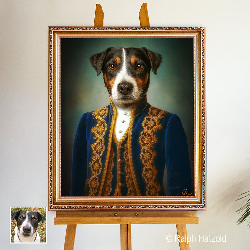 Jack Russell Terrier als Baron – edles Hundeporträt in blau-goldenem Rokoko-Gewand