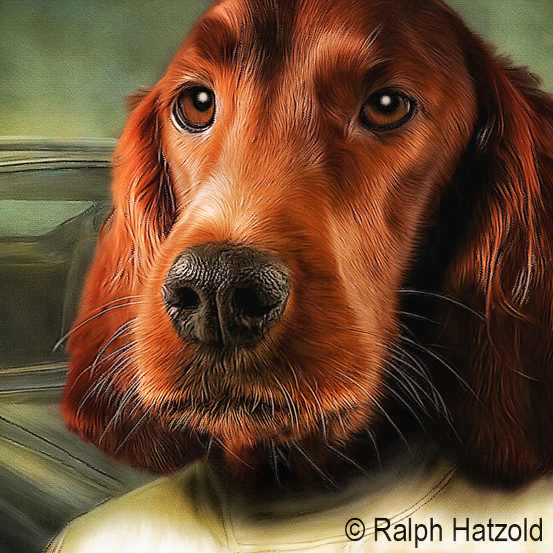 Detailansicht Hund als Rennfahrer – realistisch gemaltes Kopfportrait mit Auto im Hintergrund